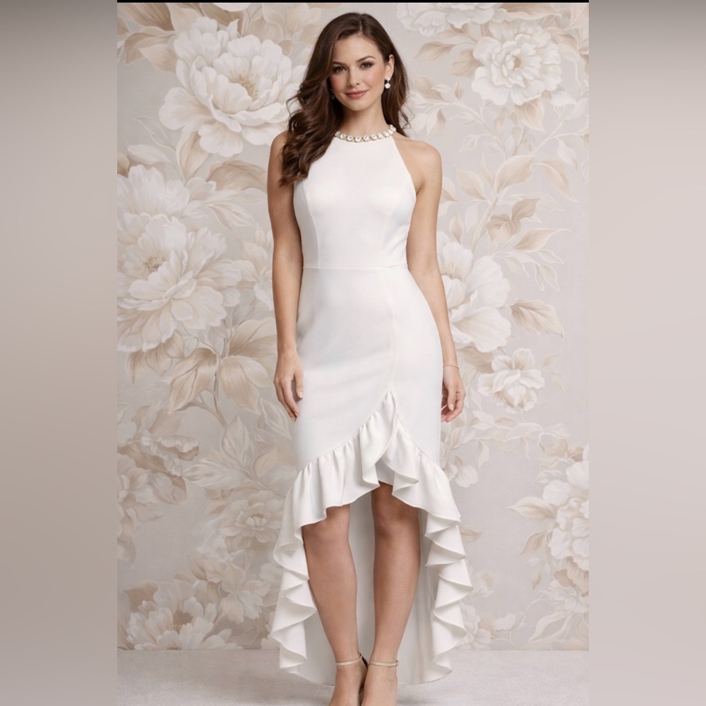 BETSY & ADAM Wedding Dress Alani Ruffle Tier Scuba Crepe Size 12 NWT